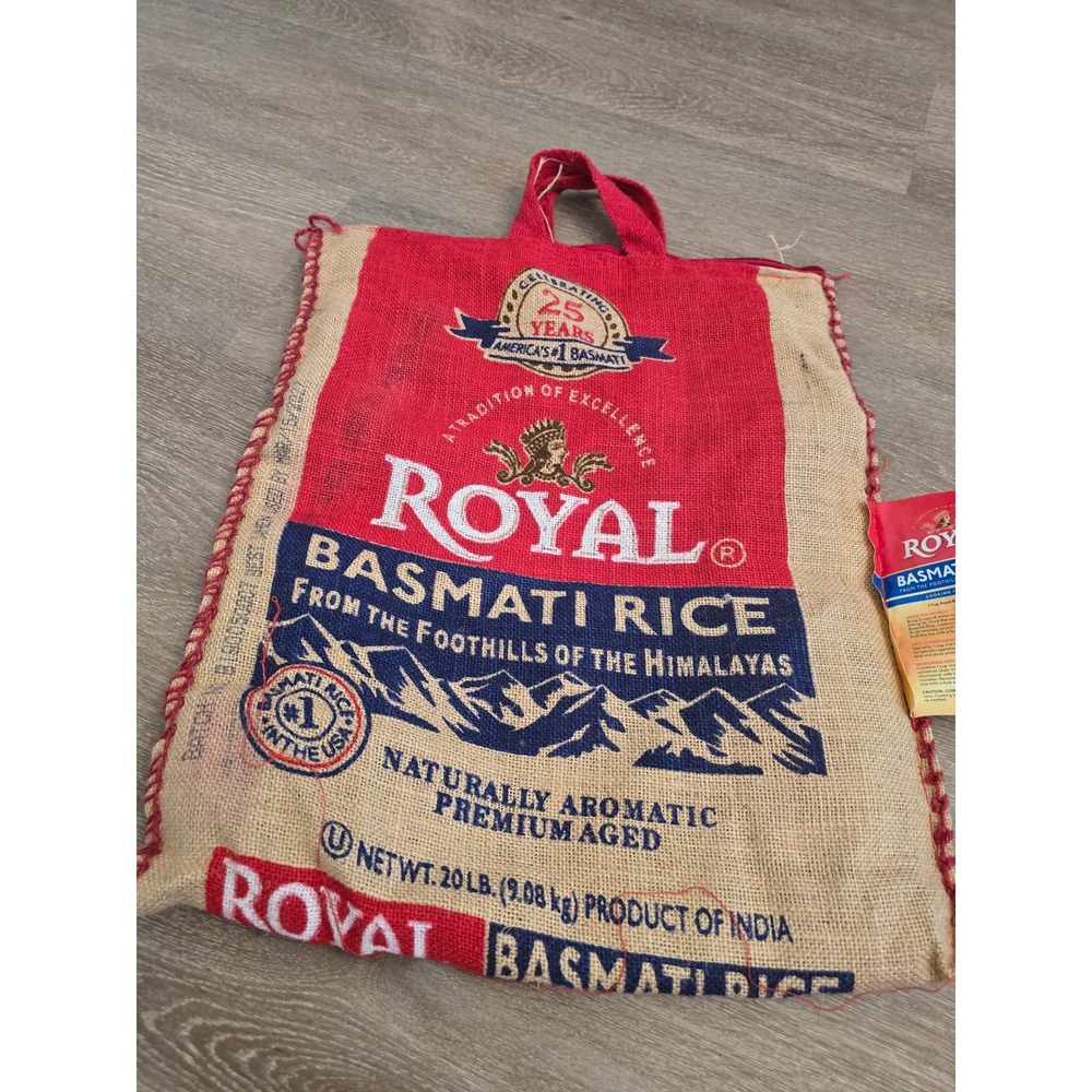 Royal Basmati‎ Rice Burlap Tote Bag Red Jute Zippered Reusable Grocery Sack